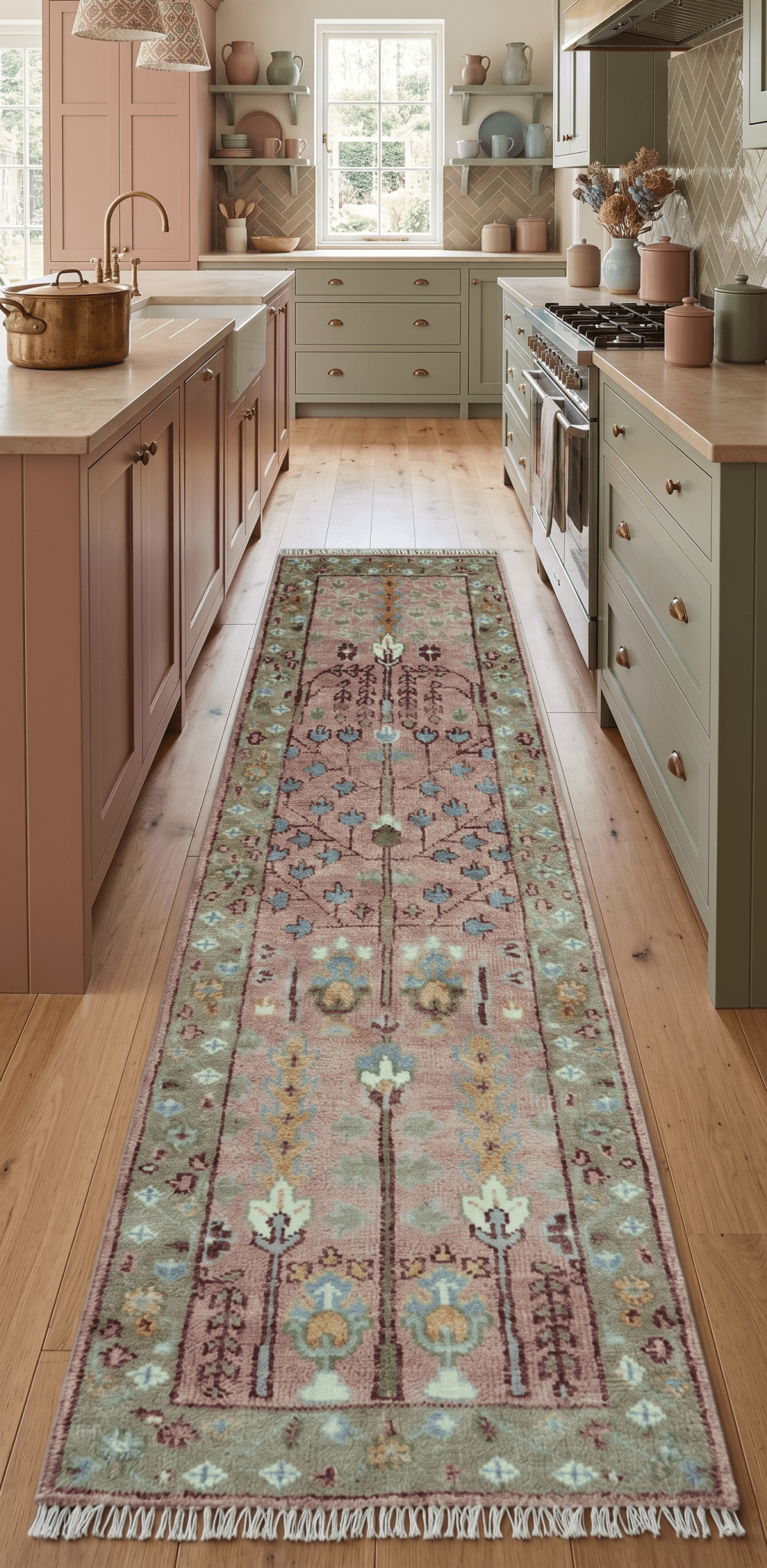 In stock 3x9 Tree of life Pink And Olive Hand Knotted Wool Rug