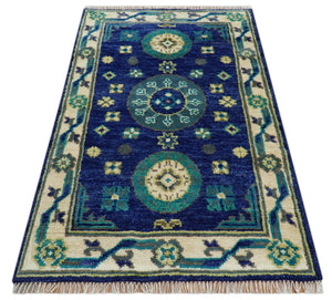In Stock Khotan Design Blue And Beige Hand Knotted 4x6 Wool Rug