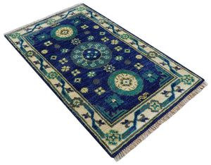 In Stock Khotan Design Blue And Beige Hand Knotted 4x6 Wool Rug