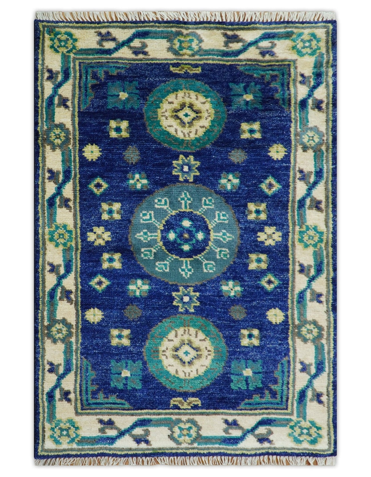 In Stock Khotan Design Blue And Beige Hand Knotted 4x6 Wool Rug
