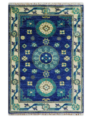 In Stock Khotan Design Blue And Beige Hand Knotted 4x6 Wool Rug
