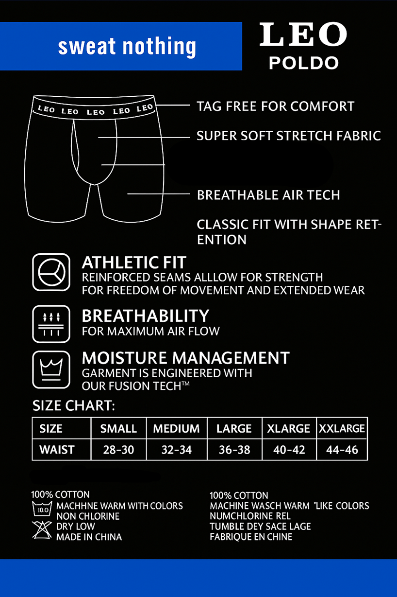 3-Pack LEO Poldo Men’s Performance Boxer Briefs – Breathable 100% Cotton Stretch Boxer Briefs with Comfort Waistband – Black, Gray, Navy