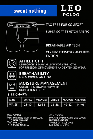 3-Pack LEO Poldo Men’s Performance Boxer Briefs – Breathable 100% Cotton Stretch Boxer Briefs with Comfort Waistband – Black, Gray, Navy