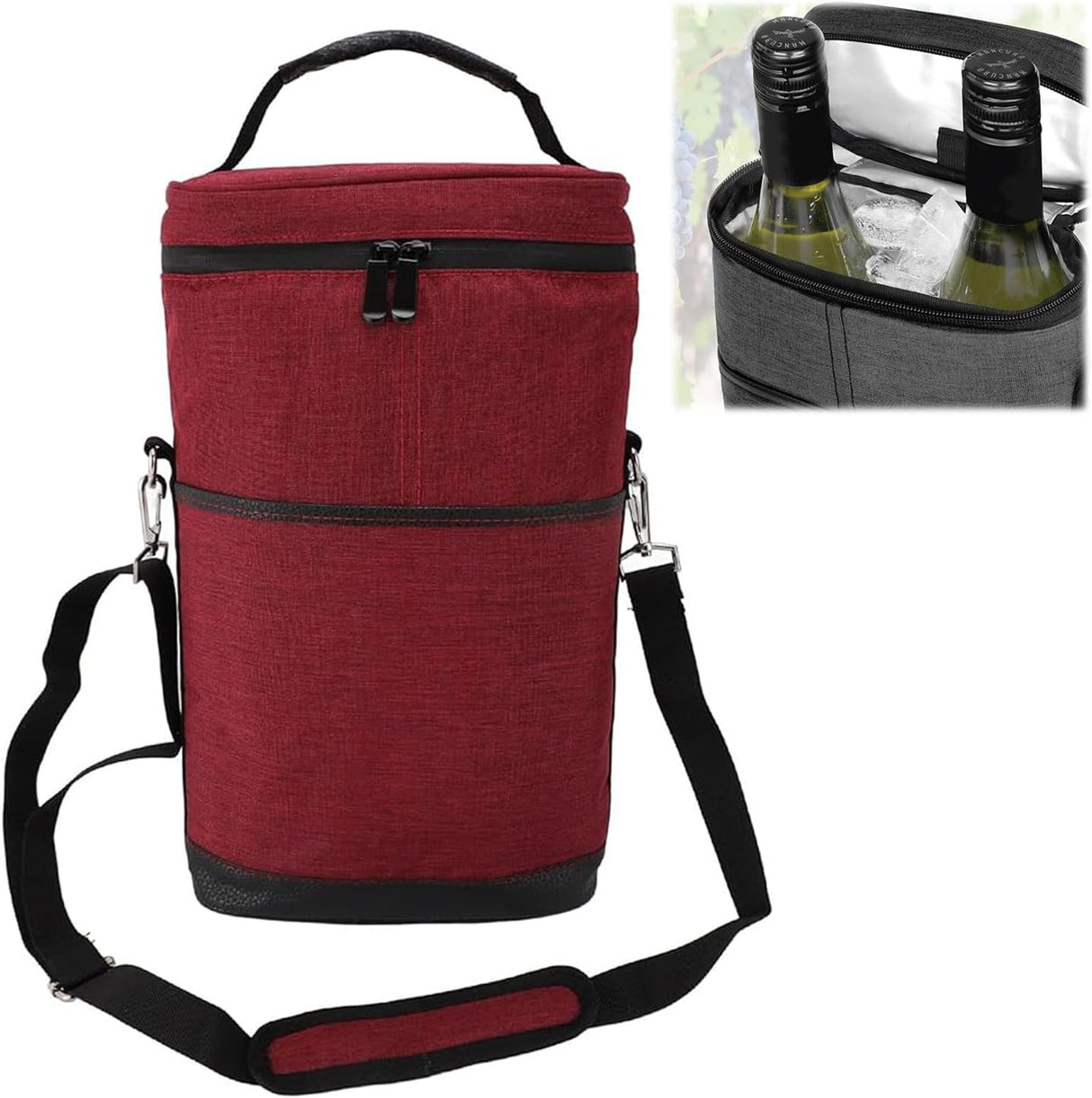 Insulated 2 Bottle Wine Cooler Bag Leakproof Canvas Carrier with Strap