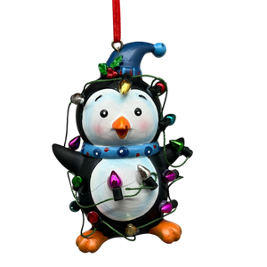 Festive Penguin With Holiday Lights and Blue Hat