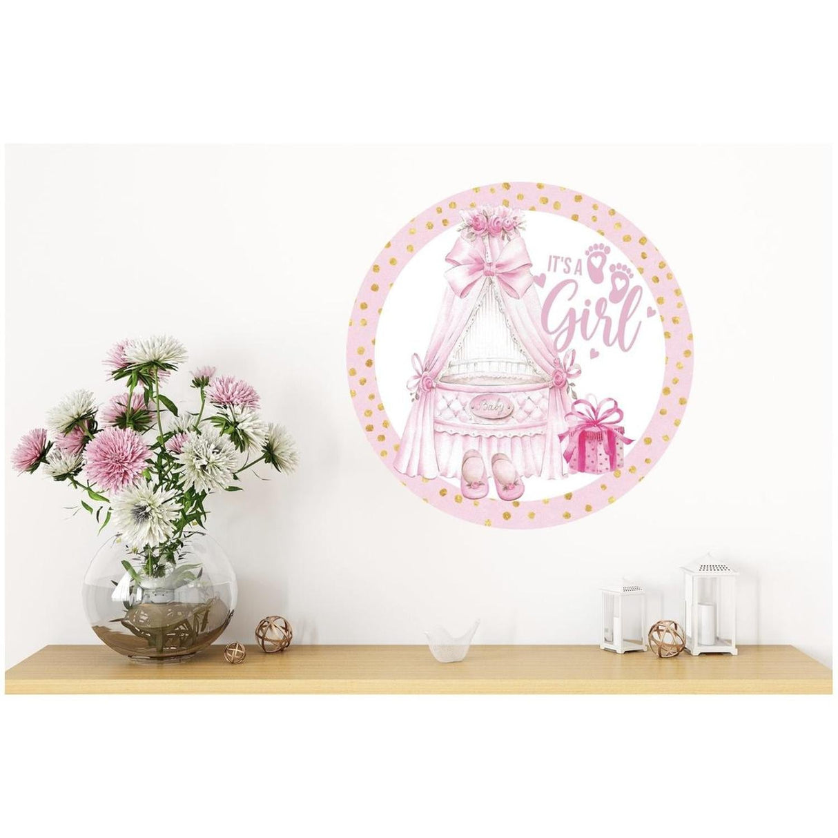 Its a Girl Pink Gold Round Sign