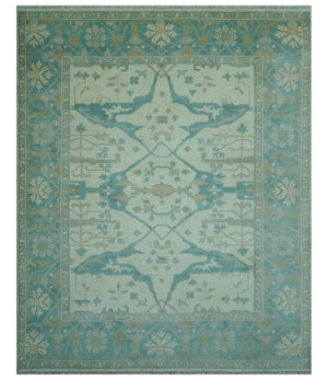 Ivory and Aqua Hand Knotted Oriental Oushak Custom Made Wool Rug