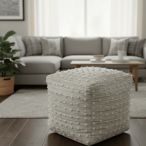 Ivory and Beige Hand Woven Stripes Design jute and wool Pouf