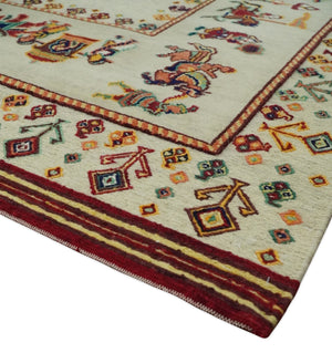5x7 Flatwoven Ivory and Beige Wool Hand Knotted Southwestern Gabbeh Rug