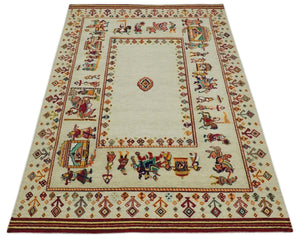 5x7 Flatwoven Ivory and Beige Wool Hand Knotted Southwestern Gabbeh Rug