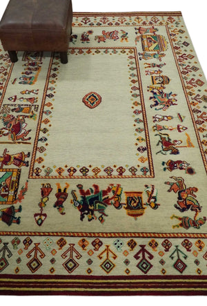 5x7 Flatwoven Ivory and Beige Wool Hand Knotted Southwestern Gabbeh Rug
