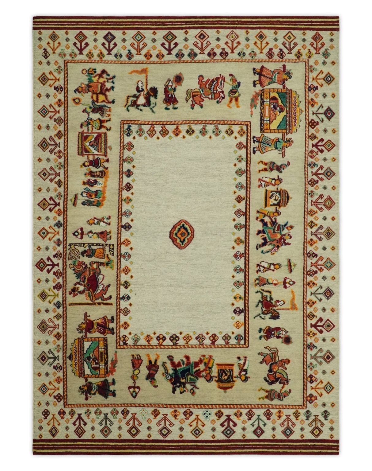 5x7 Flatwoven Ivory and Beige Wool Hand Knotted Southwestern Gabbeh Rug
