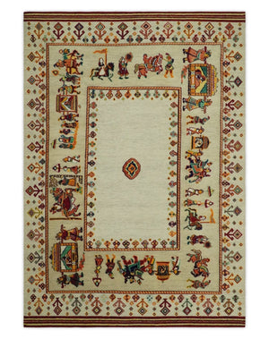 5x7 Flatwoven Ivory and Beige Wool Hand Knotted Southwestern Gabbeh Rug