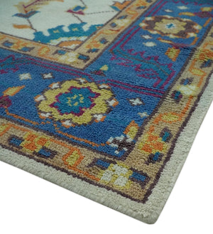 Ivory and Blue Hand Knotted Traditional Design 8x10 wool Area Rug