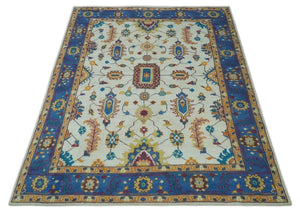 Ivory and Blue Hand Knotted Traditional Design 8x10 wool Area Rug