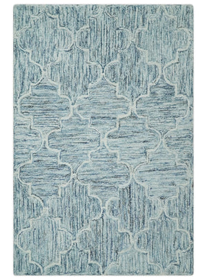 Ivory and Blue Modern Geometric Hand Tufted Multi Size Natural Wool Area Rug