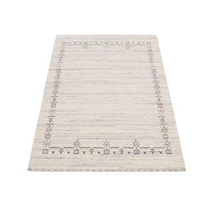 Ivory And Blue Tribal Border Design Hand Loomed Wool Area Rug