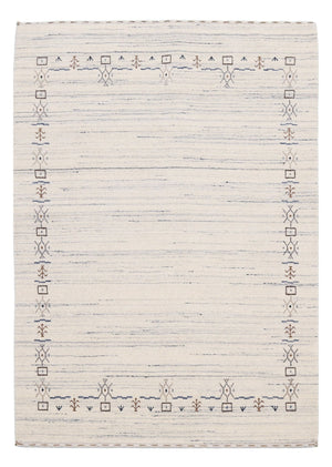 Ivory And Blue Tribal Border Design Hand Loomed Wool Area Rug