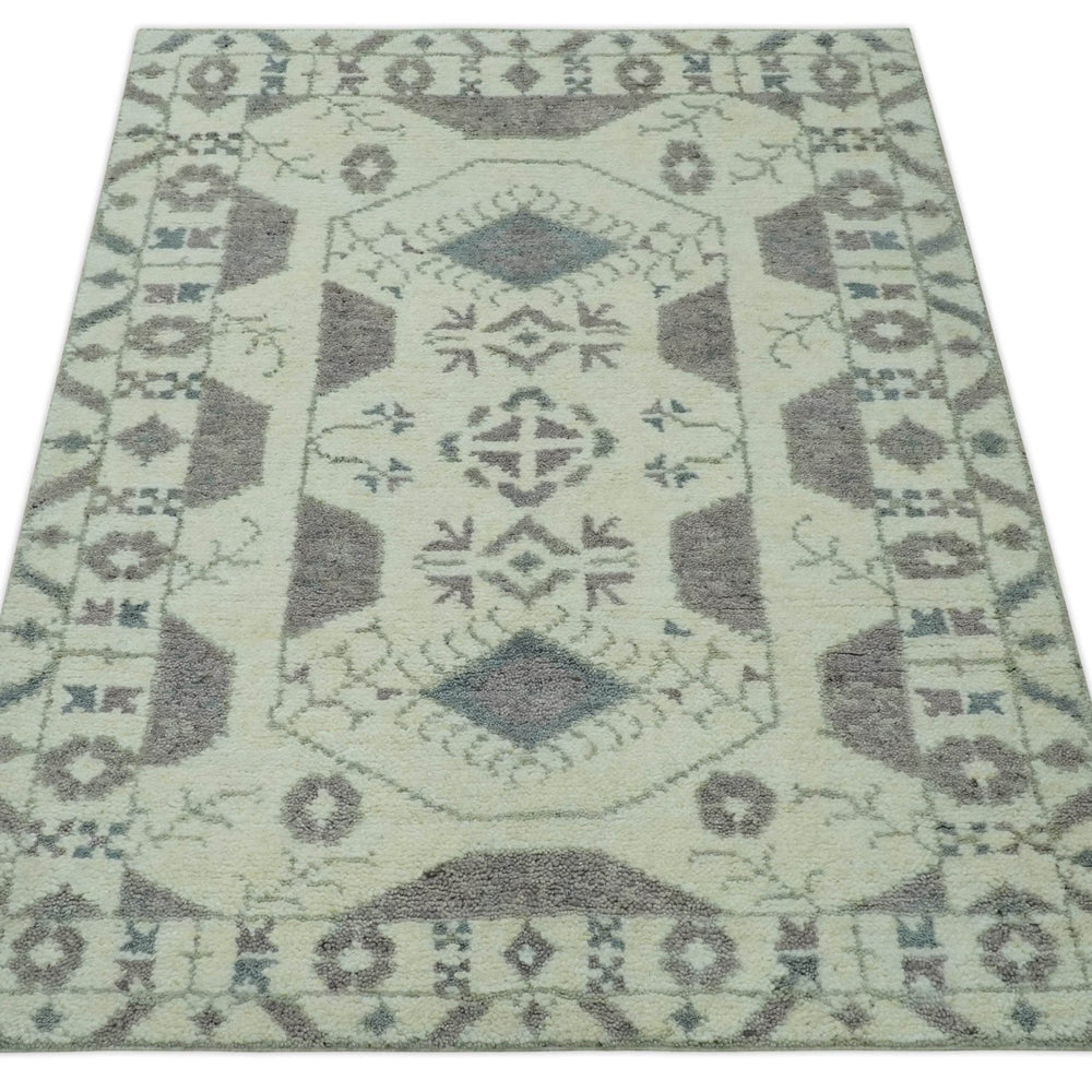 Ivory and Brown Traditional Hand Knotted Multi Size wool Area Rug