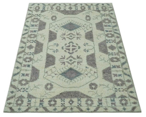 Ivory and Brown Traditional Hand Knotted Multi Size wool Area Rug