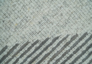 Ivory and Charcoal Traditional Stripes Hand Knotted 8x10 Wool Area Rug