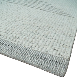 Ivory and Charcoal Traditional Stripes Hand Knotted 8x10 Wool Area Rug