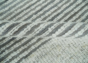 Ivory and Charcoal Traditional Stripes Hand Knotted 8x10 Wool Area Rug