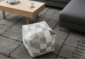 Modern Geometrical Ivory and Gray Genuine Leather Luxury Pouf