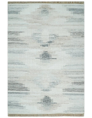 Ivory and Silver fine Wool and Viscose Kilim Rug