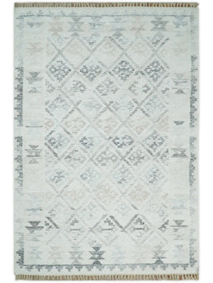 Ivory and Gray Modern Geometrical Hand Woven Wool Rug