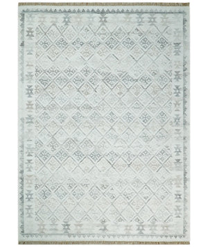 Ivory and Gray Modern Geometrical Hand Woven Wool Rug