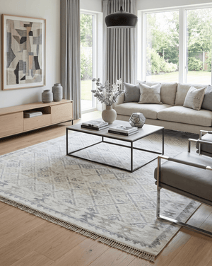 Ivory and Gray Modern Geometrical Hand Woven Wool Rug