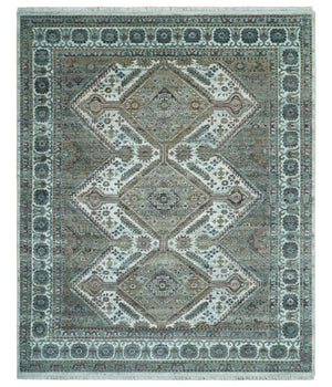 Ivory and Olive 8x10 Hand Knotted Traditional Design wool area rug