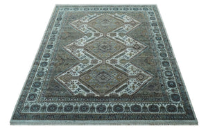 Ivory and Olive 8x10 Hand Knotted Traditional Design wool area rug