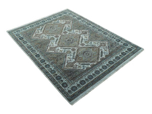 Ivory and Olive 8x10 Hand Knotted Traditional Design wool area rug