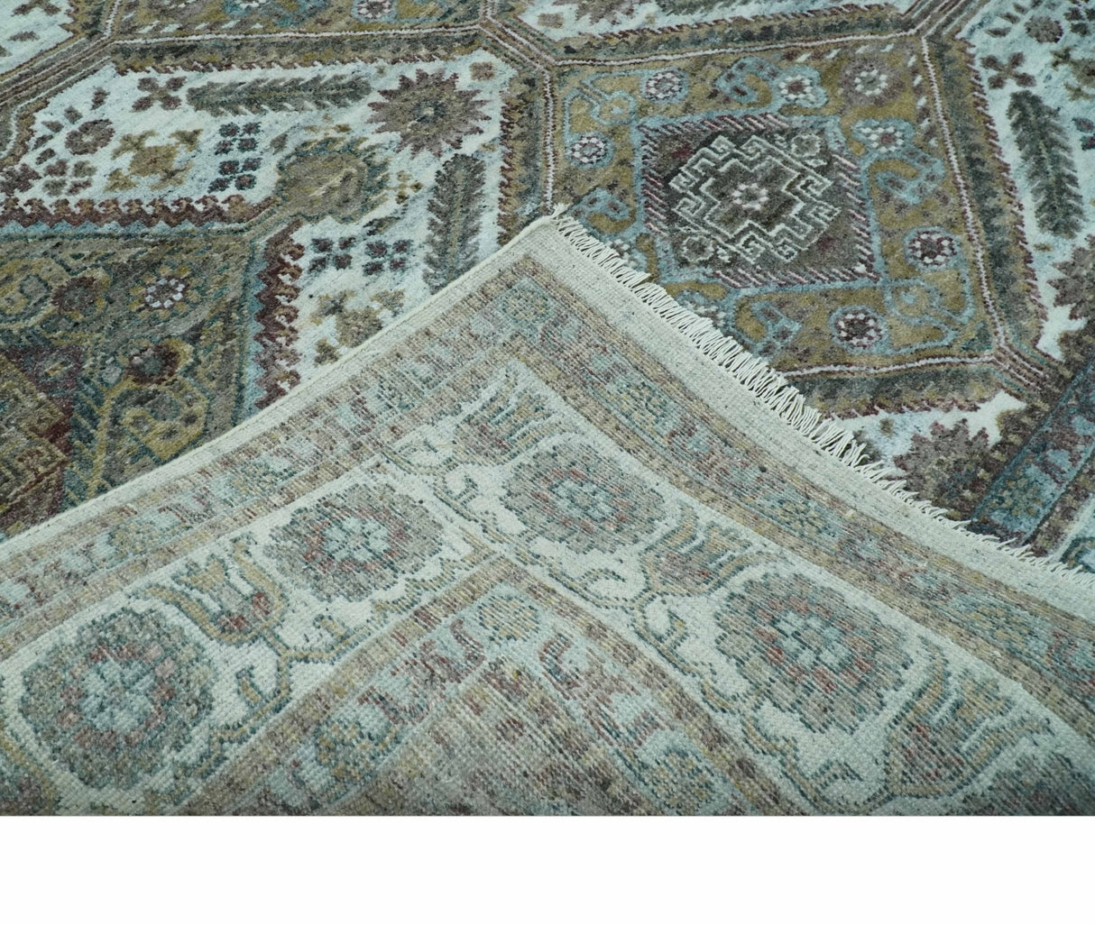 Ivory and Olive 8x10 Hand Knotted Traditional Design wool area rug