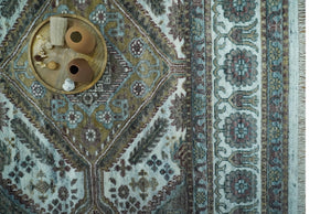 Ivory and Olive 8x10 Hand Knotted Traditional Design wool area rug