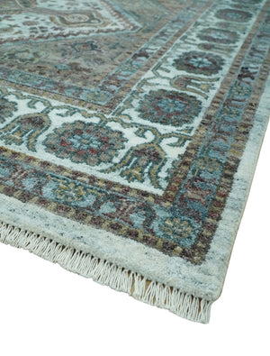 Ivory and Olive 8x10 Hand Knotted Traditional Design wool area rug