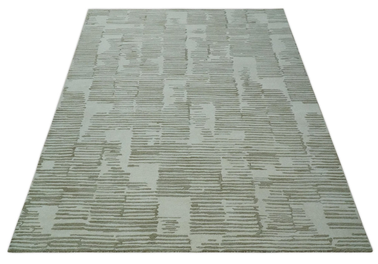 Ivory and Olive Modern Stripes Design Hand Tufted 8x10 wool Area Rug, Kids, Living Room and Bedroom Rug