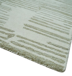 Ivory and Olive Modern Stripes Design Hand Tufted 8x10 wool Area Rug, Kids, Living Room and Bedroom Rug