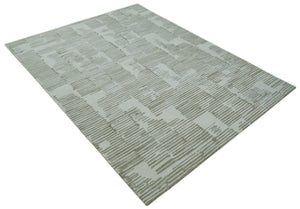 Ivory and Olive Modern Stripes Design Hand Tufted 8x10 wool Area Rug, Kids, Living Room and Bedroom Rug