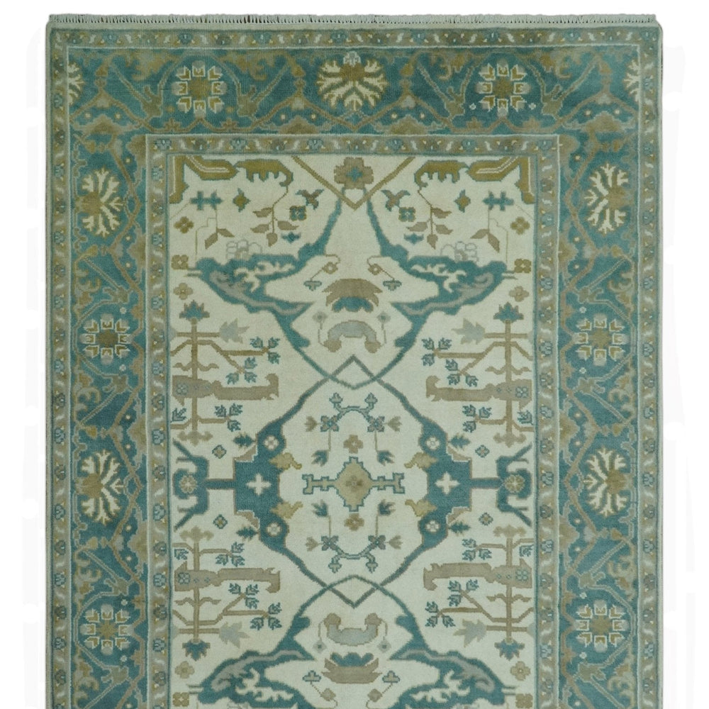 Ivory and Teal Hand Knotted Traditional Oriental Oushak Multi size wool area rug