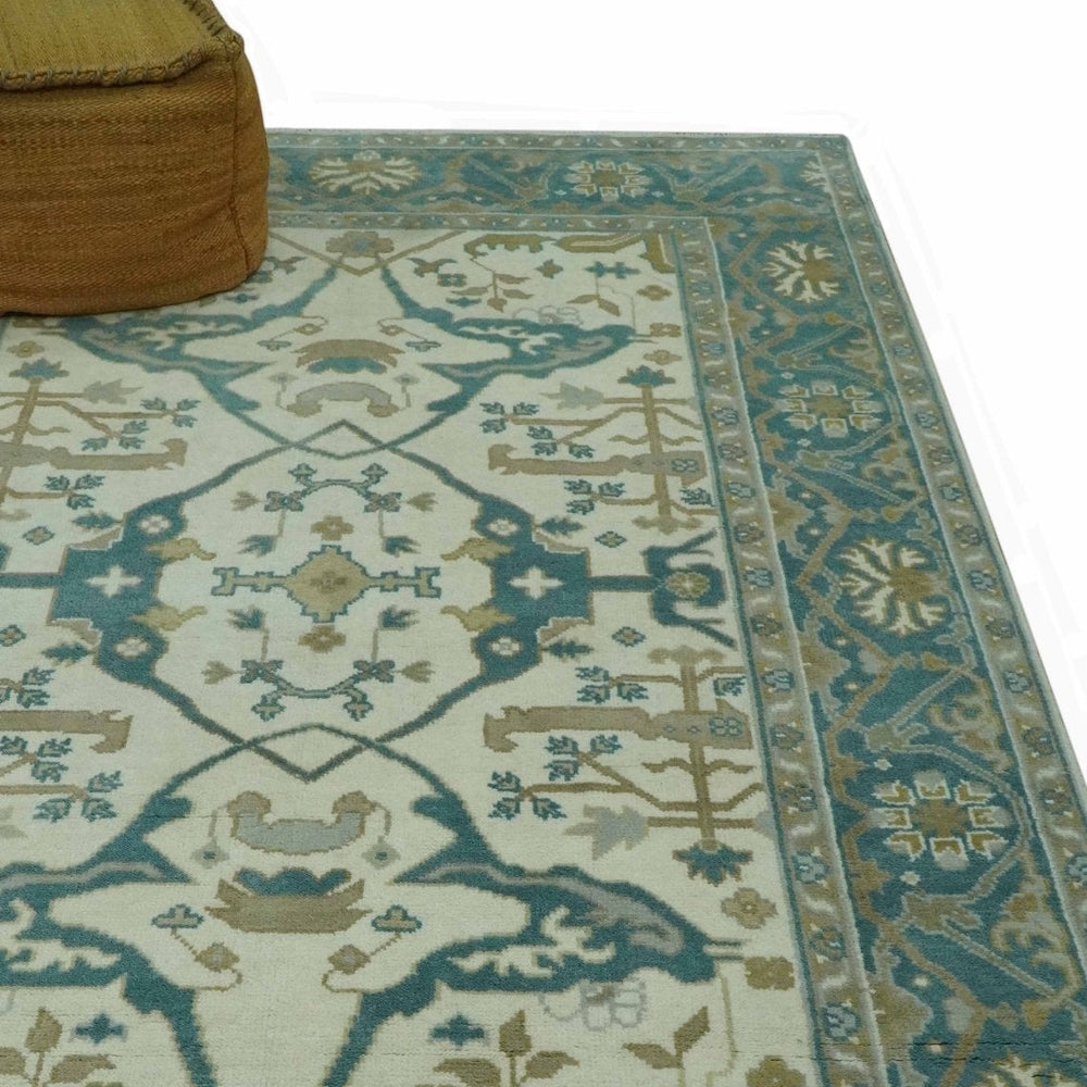 Ivory and Teal Hand Knotted Traditional Oriental Oushak Multi size wool area rug