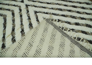 Ivory, Beige and Charcoal Modern Stripes Plush Pile Moroccan Style Hand knotted 5x8 wool Area Rug