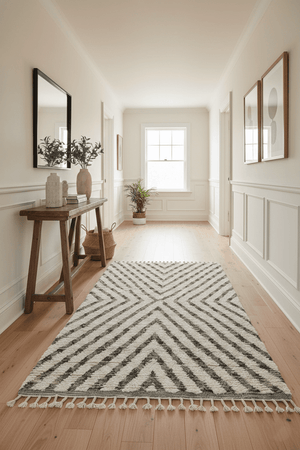 Ivory, Beige and Charcoal Modern Stripes Plush Pile Moroccan Style Hand knotted 5x8 wool Area Rug