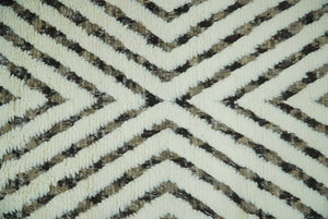 Ivory, Beige and Charcoal Modern Stripes Plush Pile Moroccan Style Hand knotted 5x8 wool Area Rug