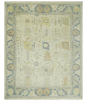 Beige and Gray Hand Knotted Traditional Persian Oushak Wool Rug