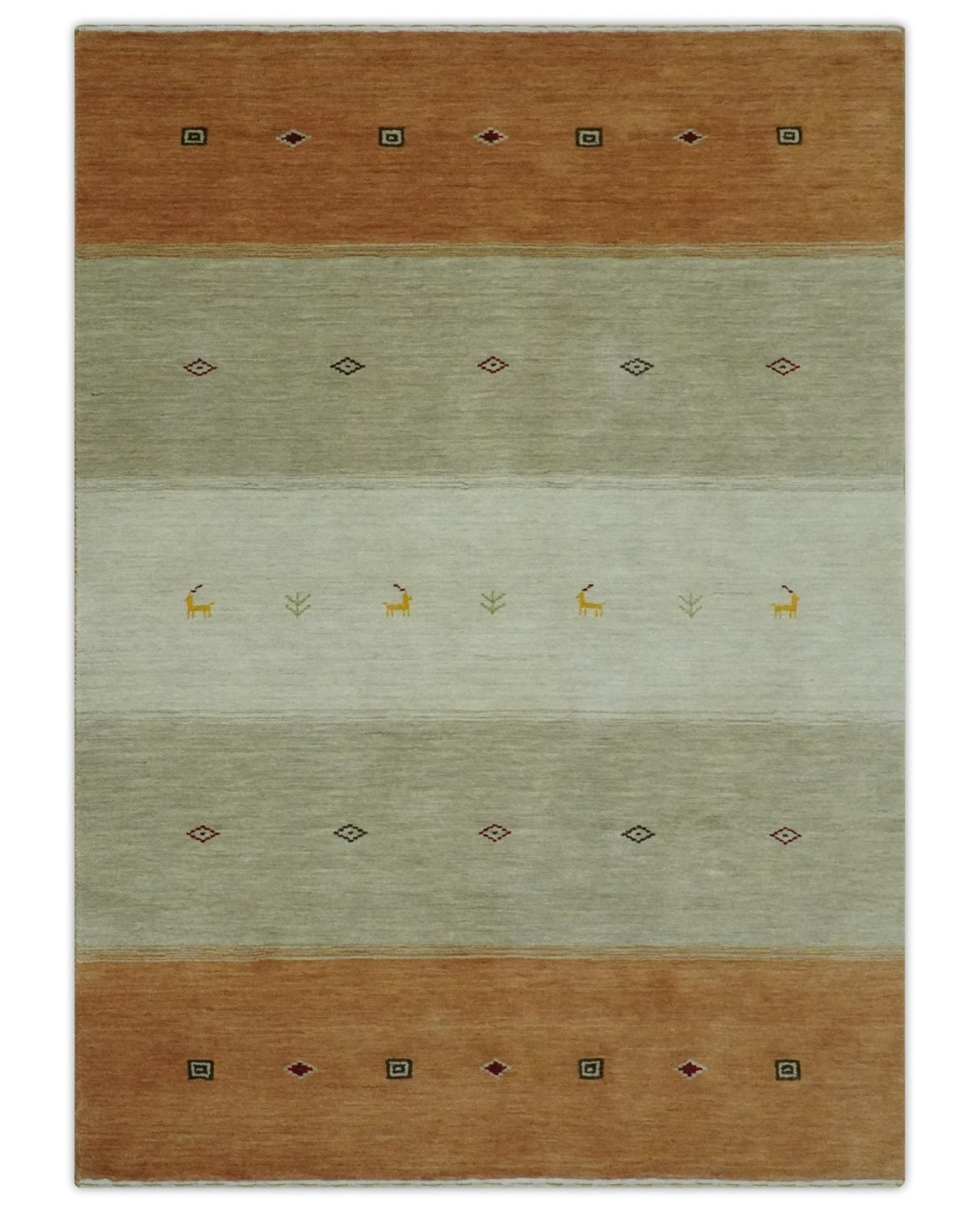Ivory, Beige and Rust Geometrical stripes Design Hand loom 4.6x6.6 wool Area Rug