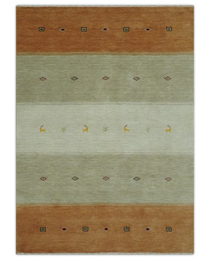 Ivory, Beige and Rust Geometrical stripes Design Hand loom 4.6x6.6 wool Area Rug