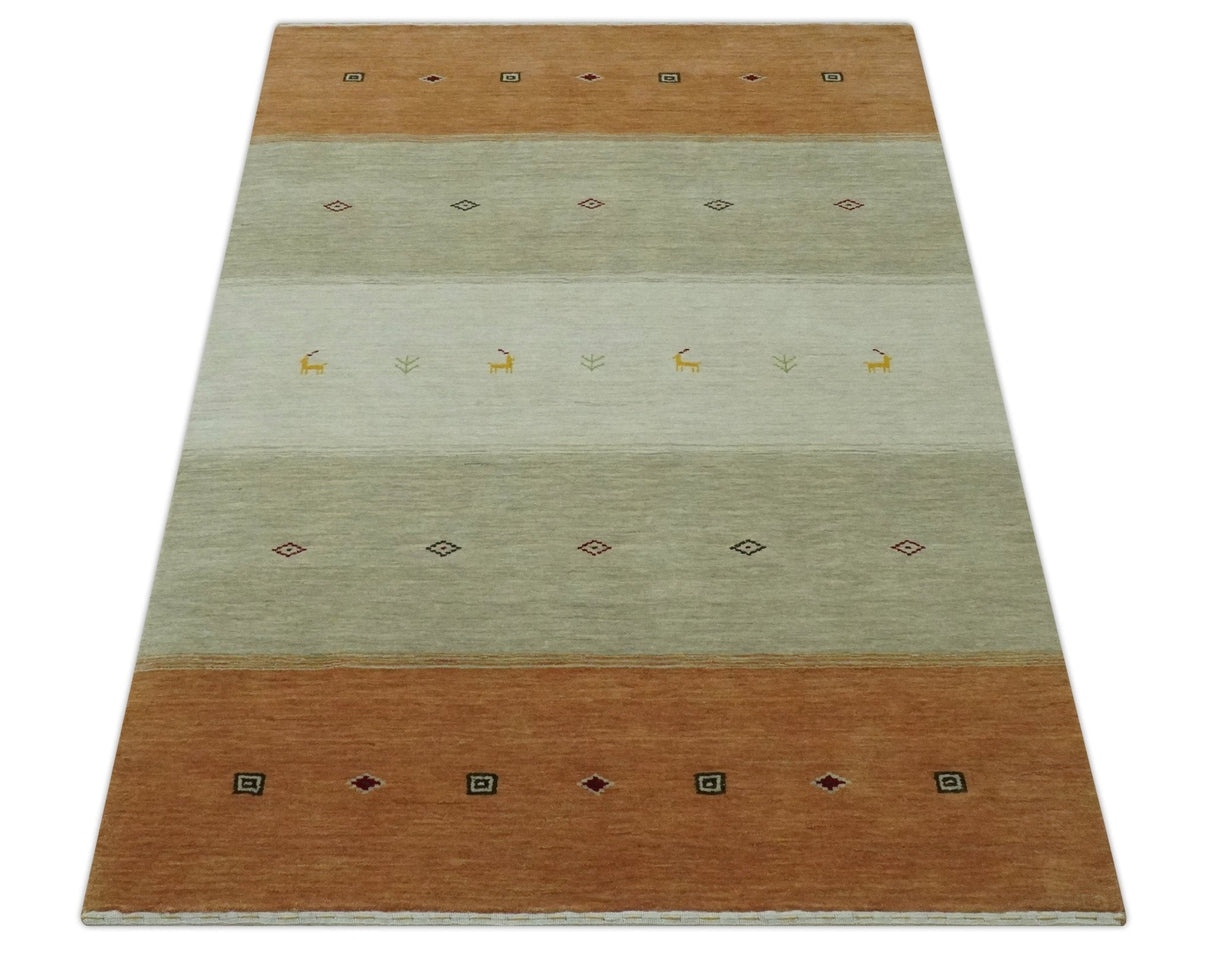Ivory, Beige and Rust Geometrical stripes Design Hand loom 4.6x6.6 wool Area Rug